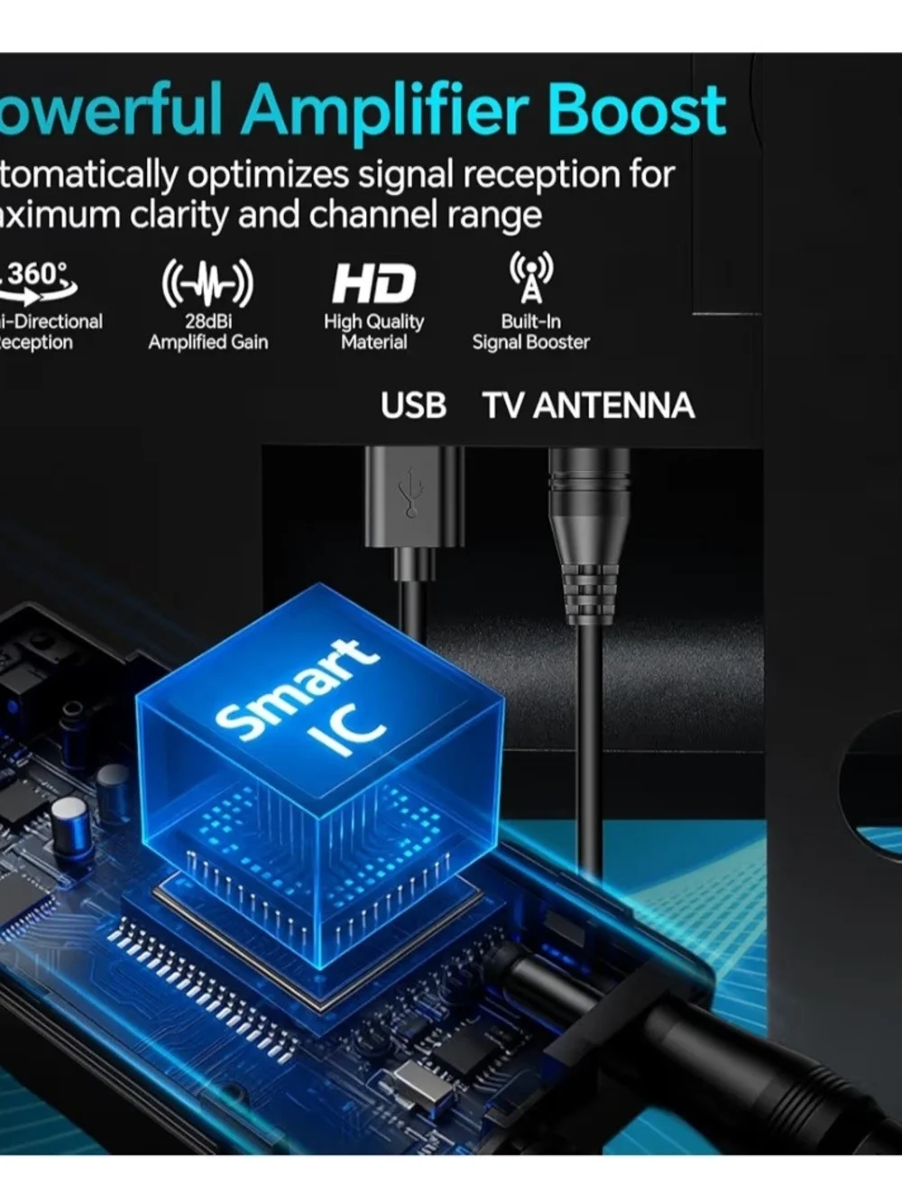 Black Indoor TV Antenna for Digital Broadcasts